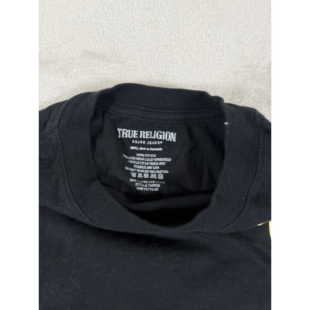 True Religion Mens Black Crew Neck T-Shirt Gold Metallic Horseshoe Logo Small